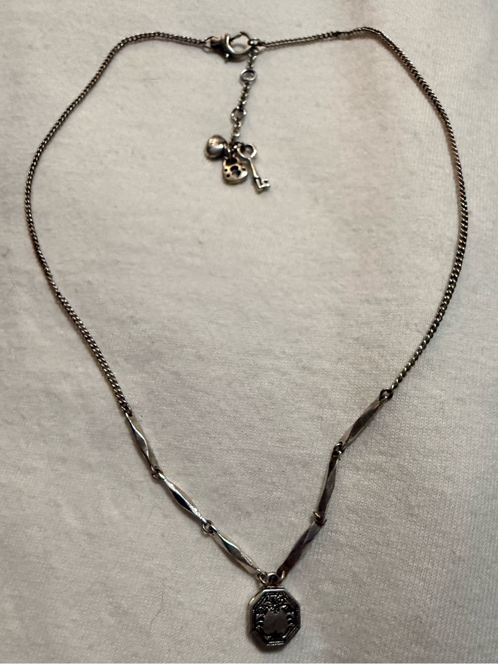 Fossil Vintage Silvertone Love Story Octagon Mini Locket Charm Necklace Key He